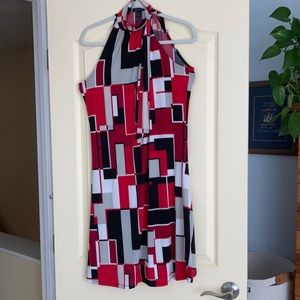 geometric print halter dress with neck bow. Anne Klein. Large.